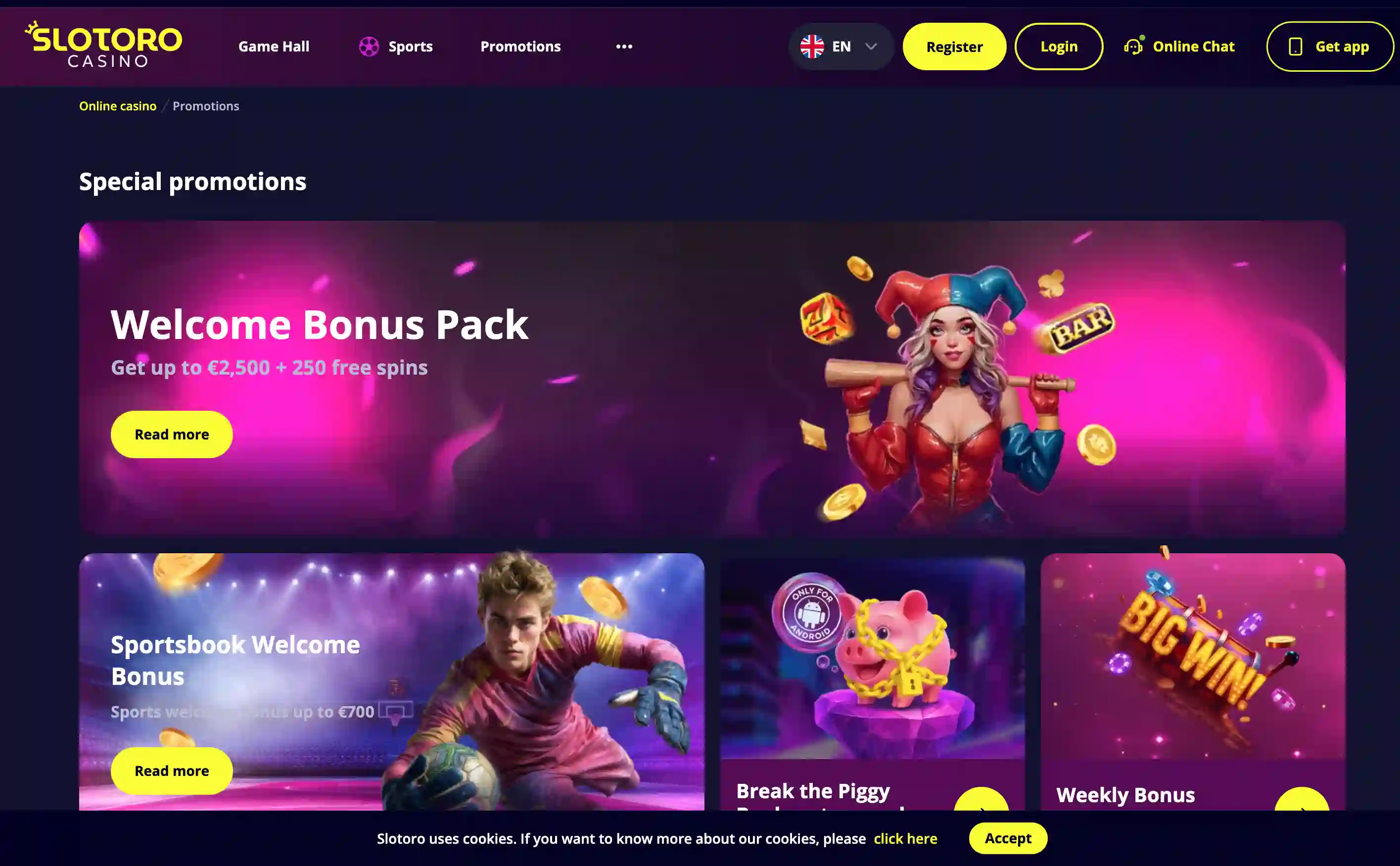 Slotoro Casino Sweden bonussida med välkomstpaket och veckobonus